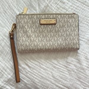 Michael Kors Cream and Brown Clutch Wristlet with Monogram